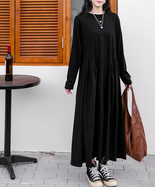 セール】異素材 ドッキング ワンピース ロング丈 長袖 秋 冬