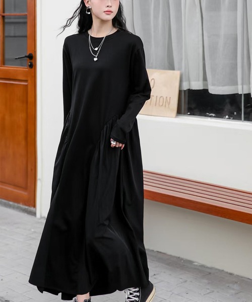 セール】異素材 ドッキング ワンピース ロング丈 長袖 秋 冬
