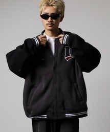 off-while 刺繍入りグレーのスタジアムジャケット L アメカジ インディアン刺繍 スタジャン アワードジャケット 袖豚