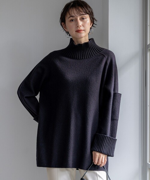 45R ウールニットチュニック　スリットネック　リボン　ダークネイビー 45R ウールニットチュニック スリットネック リボン ダークネイビー