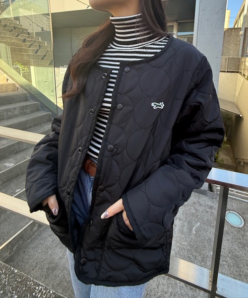 ボアとキルティングの黒いジャケット　11号 セール】裏ボアで暖かい！【THE FOX】ノーカラー裏ボアキルティング