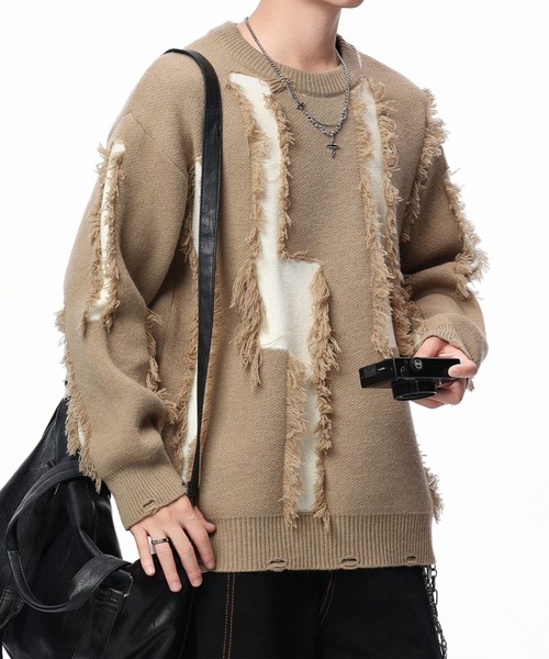 aimoha(アイモハ)の「ダメージデザイン ニットプルオーバー/Distressed knit pullover aimoha neo(ニット/セーター・メンズ・ブラック/グレー/ホワイト/ベージュ・XX-LARGE/XXX-LARGE/XXXX-LARGE)」の4枚目の写真