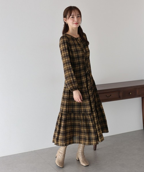 【グレースコンチネンタル】チェックプリントロングワンピース 36 茶色　金ボタン グレースコンチネンタル】チェックプリントロングワンピース 36 茶色