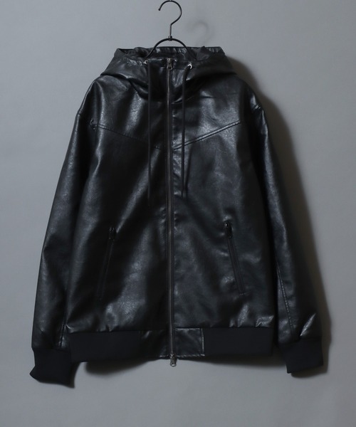 SITRY（シトリー）の「Synthetic Leather Zip Hoodie/フェイクレザー ヴィンテージライク ダブルジップ ブルゾン ジップパーカー フーディー（ブルゾン・メンズ・ブラウン系その他/ブラック/ブラウン・LL/L/M）」の4枚目の写真