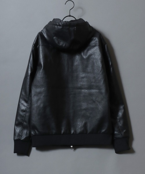 SITRY（シトリー）の「Synthetic Leather Zip Hoodie/フェイクレザー ヴィンテージライク ダブルジップ ブルゾン ジップパーカー フーディー（ブルゾン・メンズ・ブラウン系その他/ブラック/ブラウン・LL/L/M）」の7枚目の写真