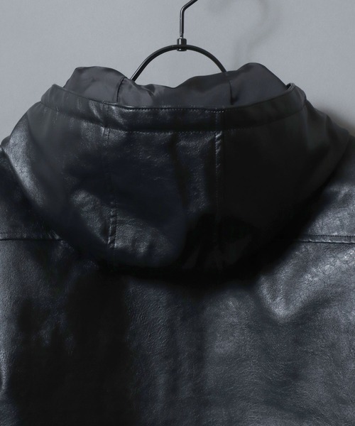 SITRY（シトリー）の「Synthetic Leather Zip Hoodie/フェイクレザー ヴィンテージライク ダブルジップ ブルゾン ジップパーカー フーディー（ブルゾン・メンズ・ブラウン系その他/ブラック/ブラウン・LL/L/M）」の9枚目の写真