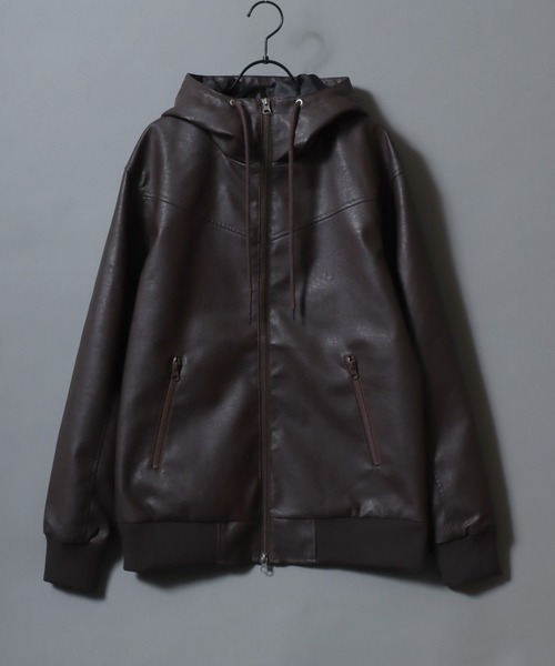 SITRY（シトリー）の「Synthetic Leather Zip Hoodie/フェイクレザー ヴィンテージライク ダブルジップ ブルゾン ジップパーカー フーディー（ブルゾン・メンズ・ブラウン系その他/ブラック/ブラウン・LL/L/M）」の5枚目の写真