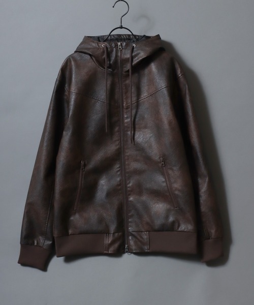 SITRY（シトリー）の「Synthetic Leather Zip Hoodie/フェイクレザー ヴィンテージライク ダブルジップ ブルゾン ジップパーカー フーディー（ブルゾン・メンズ・ブラウン系その他/ブラック/ブラウン・LL/L/M）」の6枚目の写真