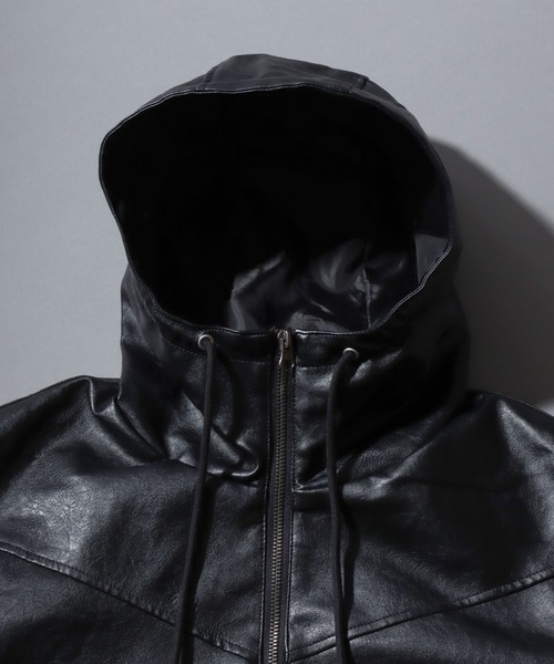 SITRY（シトリー）の「Synthetic Leather Zip Hoodie/フェイクレザー ヴィンテージライク ダブルジップ ブルゾン ジップパーカー フーディー（ブルゾン・メンズ・ブラウン系その他/ブラック/ブラウン・LL/L/M）」の8枚目の写真