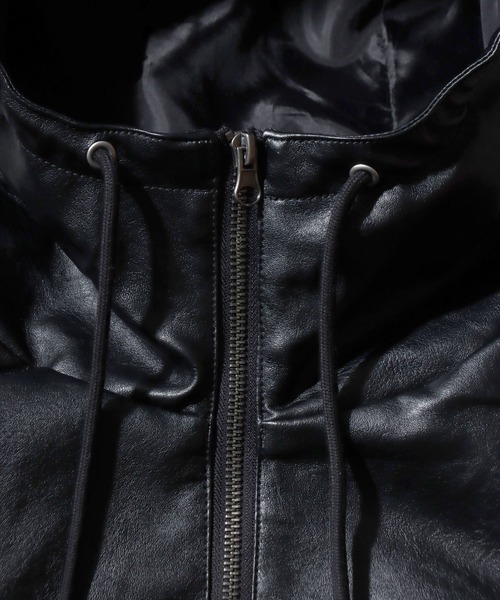 SITRY（シトリー）の「Synthetic Leather Zip Hoodie/フェイクレザー ヴィンテージライク ダブルジップ ブルゾン ジップパーカー フーディー（ブルゾン・メンズ・ブラウン系その他/ブラック/ブラウン・LL/L/M）」の10枚目の写真