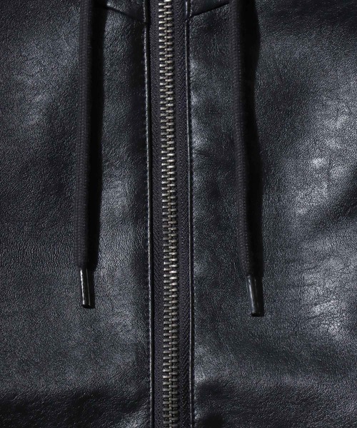 SITRY（シトリー）の「Synthetic Leather Zip Hoodie/フェイクレザー ヴィンテージライク ダブルジップ ブルゾン ジップパーカー フーディー（ブルゾン・メンズ・ブラウン系その他/ブラック/ブラウン・LL/L/M）」の11枚目の写真