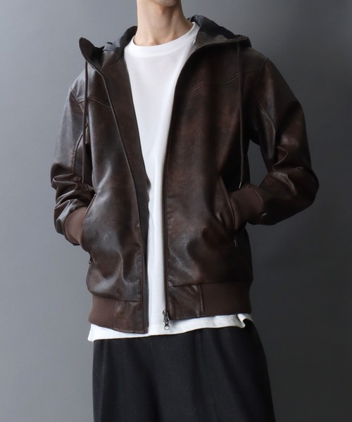 セール】Synthetic Leather Zip Hoodie/フェイクレザー ヴィンテージ