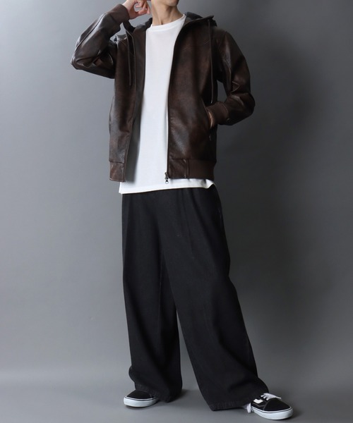 セール】Synthetic Leather Zip Hoodie/フェイクレザー ヴィンテージ