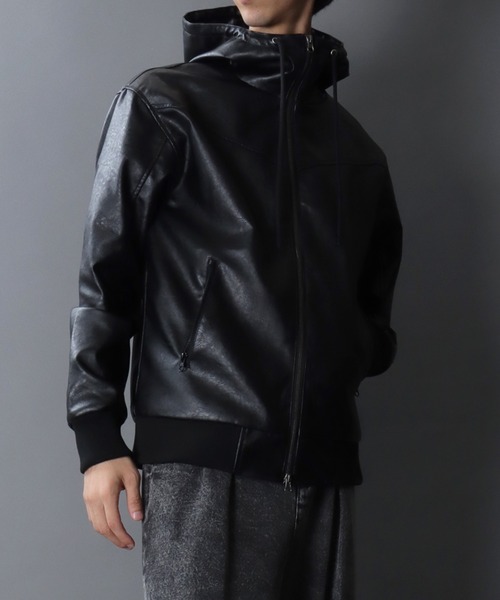 セール】Synthetic Leather Zip Hoodie/フェイクレザー ヴィンテージ