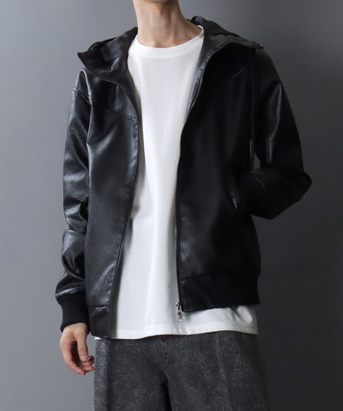 セール】Synthetic Leather Zip Hoodie/フェイクレザー ヴィンテージ