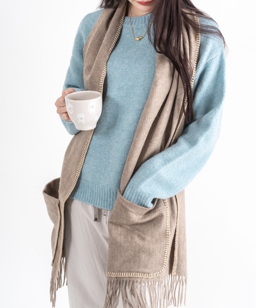 TWEED MILL(ツイードミル)の「【TWEEDMILL】ステッチブランケット ポケット付き ウール 48×190㎝イギリス製(ブランケット・レディース・ライトブラウン/クリーム・FREE)」の2枚目の写真
