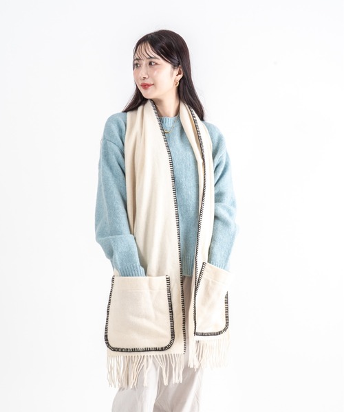 TWEED MILL(ツイードミル)の「【TWEEDMILL】ステッチブランケット ポケット付き ウール 48×190㎝イギリス製(ブランケット・レディース・ライトブラウン/クリーム・FREE)」の1枚目の写真