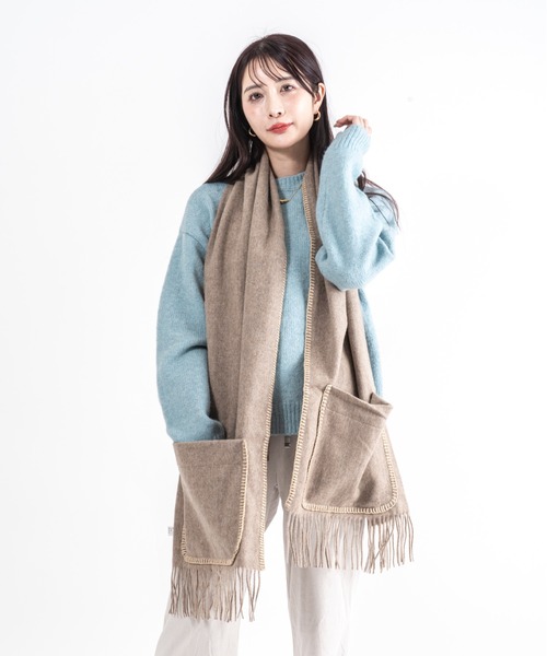 TWEED MILL(ツイードミル)の「【TWEEDMILL】ステッチブランケット ポケット付き ウール 48×190㎝イギリス製(ブランケット・レディース・ライトブラウン/クリーム・FREE)」の5枚目の写真