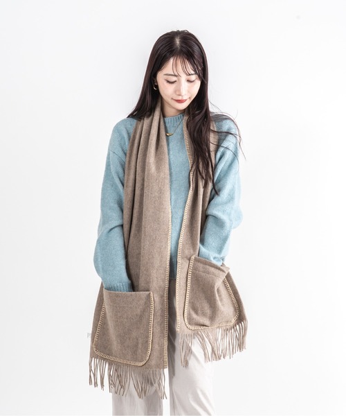 TWEED MILL(ツイードミル)の「【TWEEDMILL】ステッチブランケット ポケット付き ウール 48×190㎝イギリス製(ブランケット・レディース・ライトブラウン/クリーム・FREE)」の6枚目の写真
