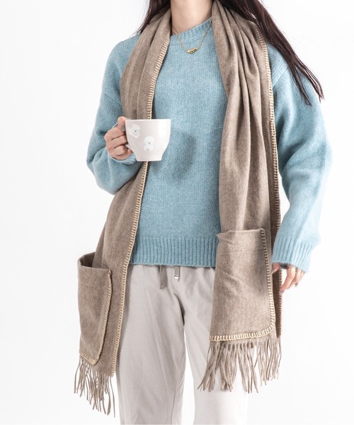 TWEED MILL(ツイードミル)の「【TWEEDMILL】ステッチブランケット ポケット付き ウール 48×190㎝イギリス製(ブランケット・レディース・ライトブラウン/クリーム・FREE)」の7枚目の写真