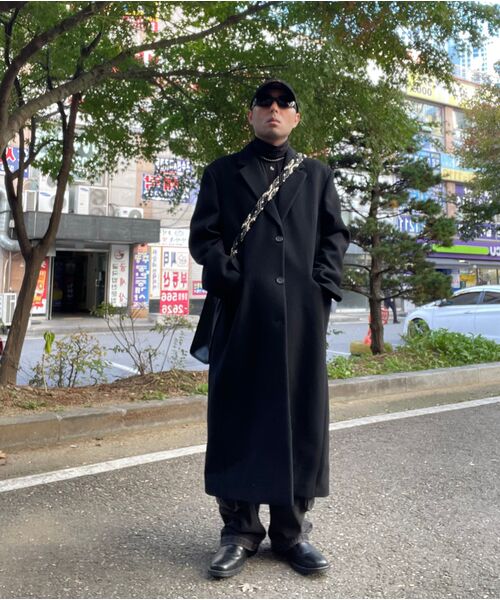 ウールブレンドビッグダディシングルマキシコート[ブラック