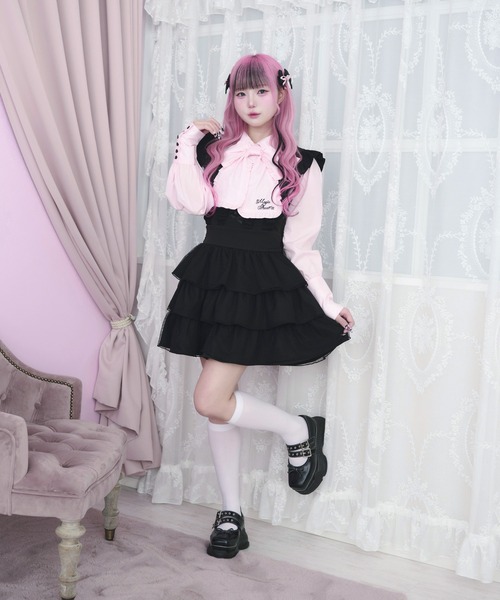 Magia Charm（マギアチャーム）の「リボンレースアップジャンスカ / ドットチュール バックリボン（ジャンパースカート・レディース・ブラック/ピンク・F）」の12枚目の写真