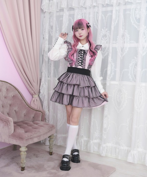 Magia Charm（マギアチャーム）の「リボンレースアップジャンスカ / ドットチュール バックリボン（ジャンパースカート・レディース・ブラック/ピンク・F）」の4枚目の写真