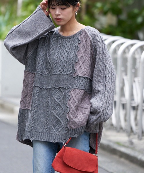 etsinta（エシンタ）の「【etsinta/エシンタ】リメイクオーバーラムニット（ニット/セーター・レディース・オレンジ/グレー/ピンク/アイボリー・ONE SIZE）」の3枚目の写真