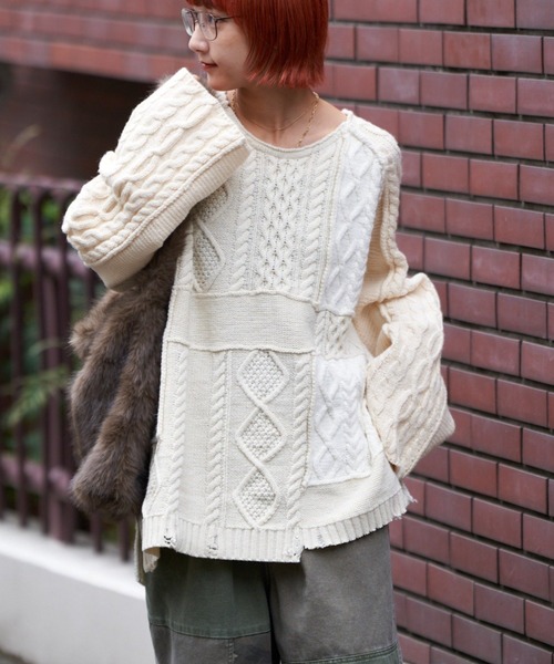 etsinta（エシンタ）の「【etsinta/エシンタ】リメイクオーバーラムニット（ニット/セーター・レディース・オレンジ/グレー/ピンク/アイボリー・ONE SIZE）」の2枚目の写真