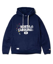 Duckster（ダックスター）の「【Duckster/ダックスター】ペンキ飛ばし刺繍×カレッジロゴフーディー（パーカー）」