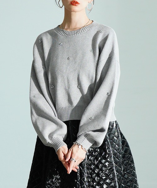 Sawa a la mode(サワアラモード)の「ビジューニットトップス(ニット/セーター・レディース・杢グレー/ブラック/アイボリー/レッド・FREE)」の3枚目の写真