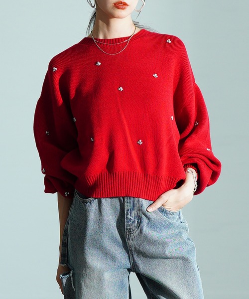 Sawa a la mode(サワアラモード)の「ビジューニットトップス(ニット/セーター・レディース・杢グレー/ブラック/アイボリー/レッド・FREE)」の4枚目の写真