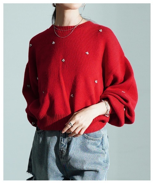 Sawa a la mode(サワアラモード)の「ビジューニットトップス(ニット/セーター・レディース・杢グレー/ブラック/アイボリー/レッド・FREE)」の12枚目の写真
