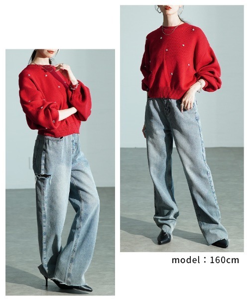 Sawa a la mode(サワアラモード)の「ビジューニットトップス(ニット/セーター・レディース・杢グレー/ブラック/アイボリー/レッド・FREE)」の14枚目の写真