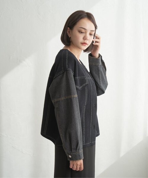 notch.（ノッチ）の「デニムドッキングノーカラージャケット（デニムジャケット・レディース・ブラック/オフホワイト・M）」の4枚目の写真