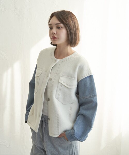 notch.（ノッチ）の「デニムドッキングノーカラージャケット（デニムジャケット・レディース・ブラック/オフホワイト・M）」の13枚目の写真