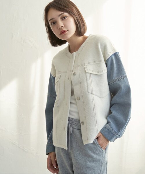 notch.（ノッチ）の「デニムドッキングノーカラージャケット（デニムジャケット・レディース・ブラック/オフホワイト・M）」の2枚目の写真