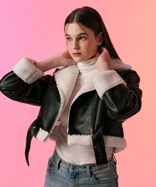 KOLEAT（コレット）の「[ベルテタルブチャク] レディース クラック クロップ ダンブル ムートン 羊毛 フリース ジャケット ブラック_ホワイト [ライダーver.]（ムートンコート・レディース・その他・FREE）」の4枚目の写真