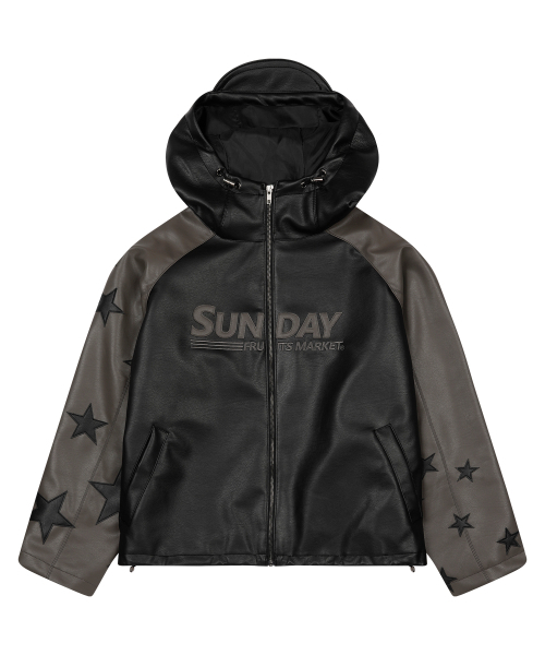 SUNDAY FRUIT MARKET(サンデーフルーツマーケット)の「STAR FAUX LEATHER JACKET BLACK(ライダースジャケット・メンズ・その他・MEDIUM/LARGE)」の1枚目の写真