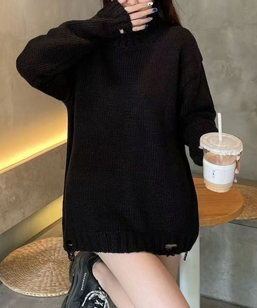 SPIGA（スピーガ）の「ｽｶﾙﾓﾁｰﾌｼﾞｬｶﾞｰﾄﾞﾀﾞﾒｰｼﾞ風ｵｰﾊﾞｰｻｲｽﾞﾆｯﾄ（ニット/セーター・レディース・ブラック・FREE）」の2枚目の写真