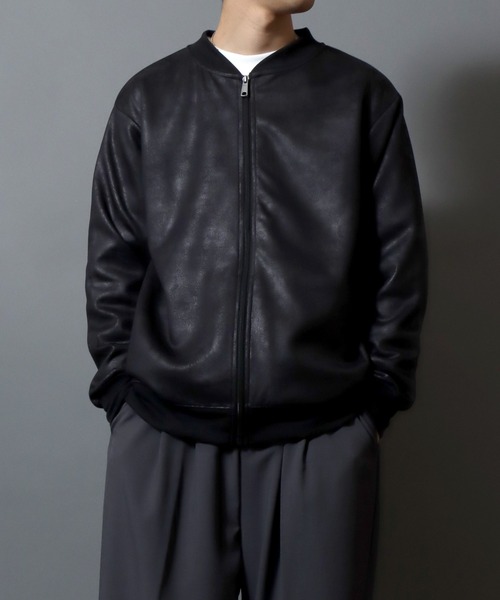 ANPAS(アンパス)の「Faux Leather-Style Light Jacket/PUレザー風ブルゾン フェイクレザー加工ジャケット ライトアウター メンズ(ノーカラージャケット・メンズ・ブラック/カーキ・L/LL/M)」の16枚目の写真