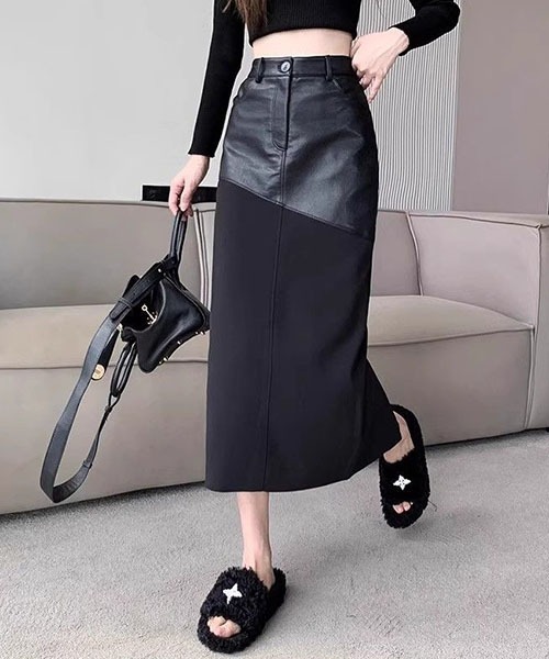 gossip!ロサンゼルス(ゴシップロサンゼルス)の「異素材切り替え スリークナロースカート(スカート・レディース・ブラック・S)」の1枚目の写真