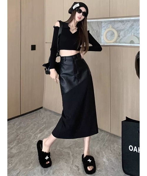 gossip!ロサンゼルス(ゴシップロサンゼルス)の「異素材切り替え スリークナロースカート(スカート・レディース・ブラック・S)」の4枚目の写真