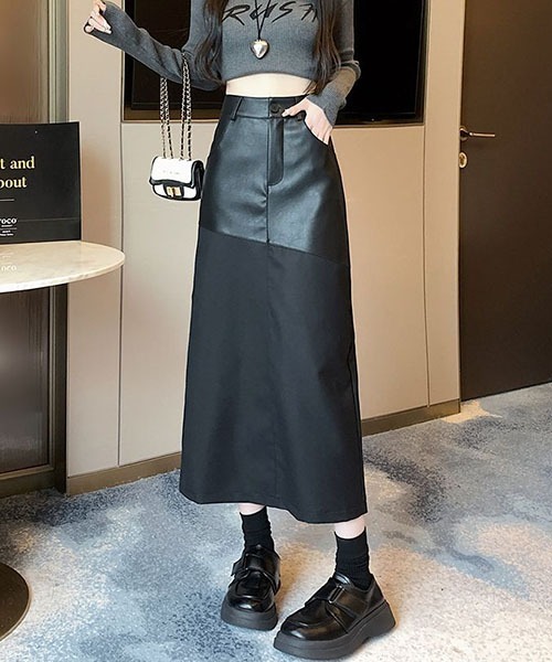 gossip!ロサンゼルス(ゴシップロサンゼルス)の「異素材切り替え スリークナロースカート(スカート・レディース・ブラック・S)」の6枚目の写真