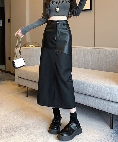 gossip!ロサンゼルス(ゴシップロサンゼルス)の「異素材切り替え スリークナロースカート(スカート・レディース・ブラック・S)」の8枚目の写真