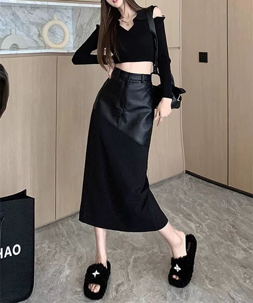 gossip!ロサンゼルス(ゴシップロサンゼルス)の「異素材切り替え スリークナロースカート(スカート・レディース・ブラック・S)」の11枚目の写真