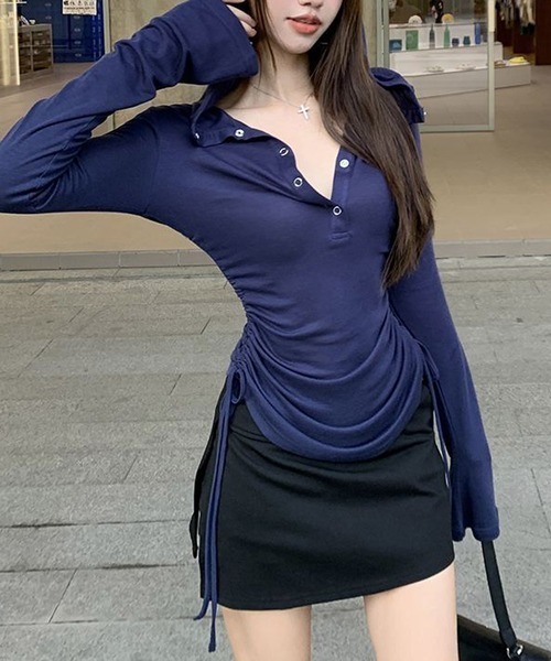 NANEA(ナネア)の「フード付きサイドシャーリングロンT(Tシャツ/カットソー・レディース・ブルー/ホワイト・MEDIUM/SMALL/LARGE)」の10枚目の写真