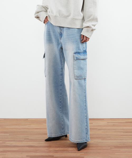 (ウィメンズ) ウォッシュドデニムカーゴパンツ_スカイブルー