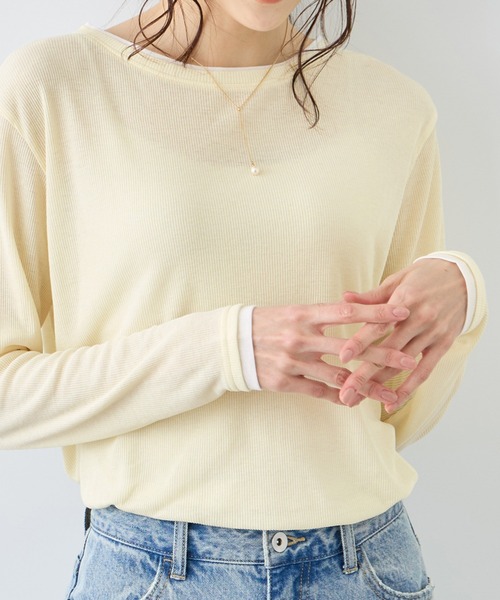 ROPE' PICNIC(ロペピクニック)の「レイヤード風シアーロングスリーブTシャツ(Tシャツ/カットソー・レディース・ホワイト/ブラック系その他/サックスブルー/ベージュ系その他3/ライトグリーン・FREE)」の4枚目の写真