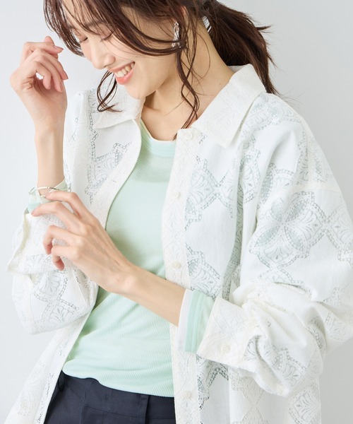 ROPE' PICNIC(ロペピクニック)の「レイヤード風シアーロングスリーブTシャツ(Tシャツ/カットソー・レディース・ホワイト/ブラック系その他/サックスブルー/ベージュ系その他3/ライトグリーン・FREE)」の20枚目の写真